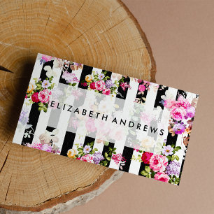 Pink watercolor roses black white stripes business card