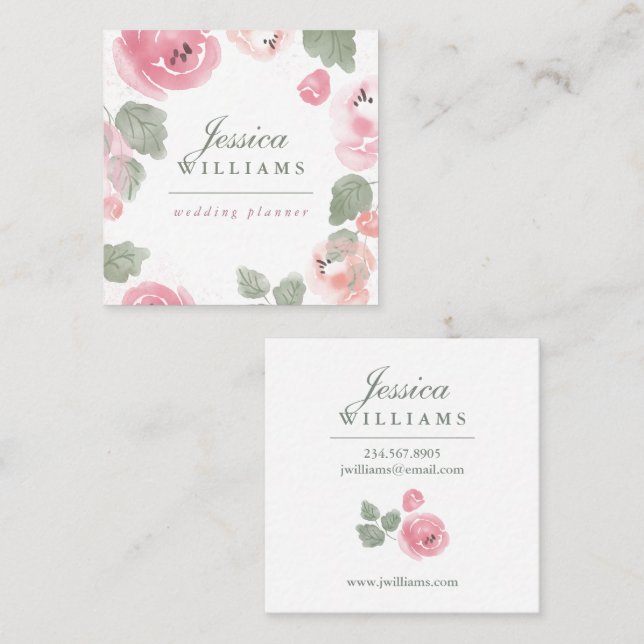 Pink Watercolor Roses Botanical Business Card (Front/Back)