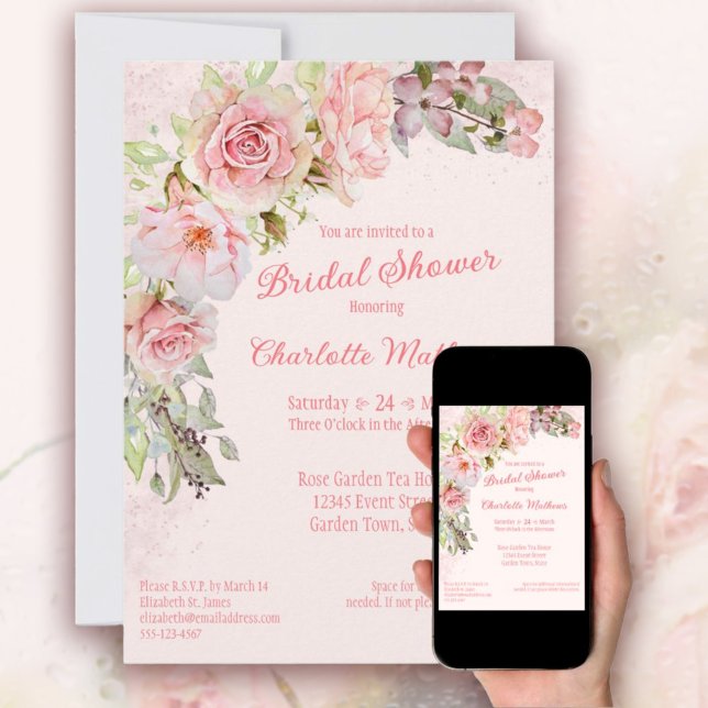 Pink Watercolor Roses Bridal Shower Invitation (Pink Watercolor Roses Bridal Shower Invitation
Delicate Pink Watercolor Roses )