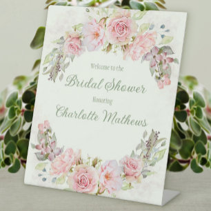 Pink Watercolor Roses Bridal Shower Pedestal Sign