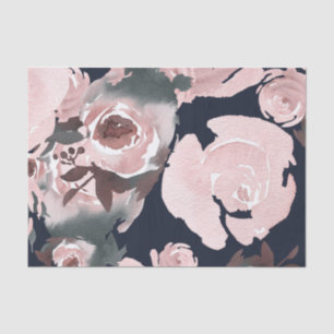 Pink Watercolor Roses Dark Navy Blue Floral Party Tissue Paper