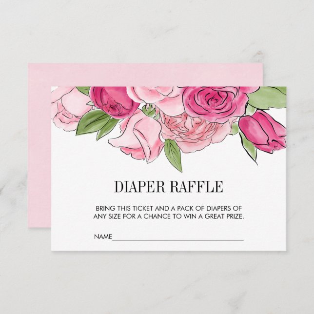 Pink Watercolor Roses Diaper Raffle Ticket Invitation (Front/Back)