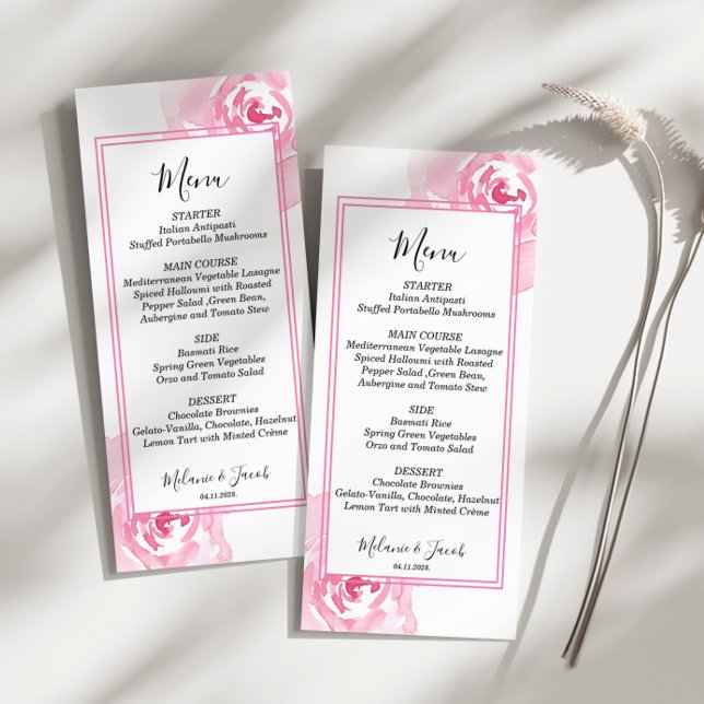 Pink Watercolor Roses  Flat Menu Card (Creator Uploaded)