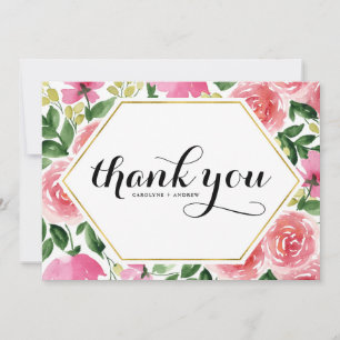 Pink Watercolor Roses Floral Frame Wedding Thank You Card
