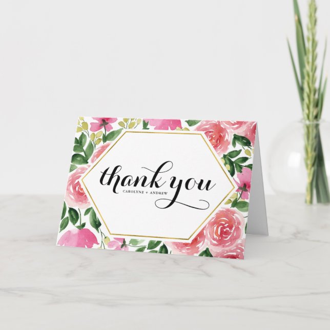 Pink Watercolor Roses Floral Wedding Thank You Card (Front)