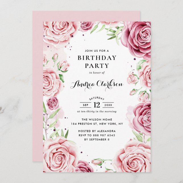 Pink Watercolor Roses Frame Birthday Party Invitation (Front/Back)
