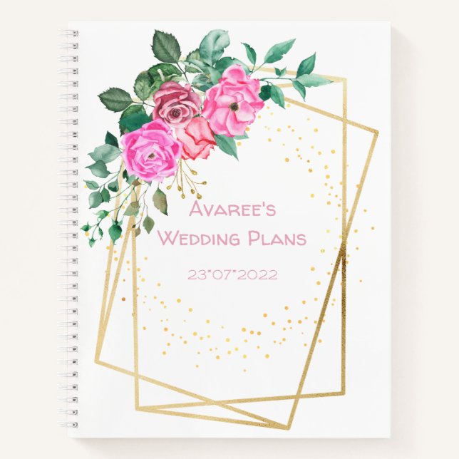 Pink Watercolor Roses Gold Geometric Frame Notebook (Front)