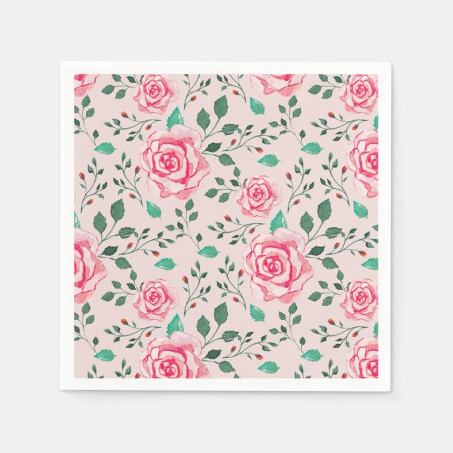 Pink Watercolor Roses & Greenery | Blush Pink Napkin (Front)