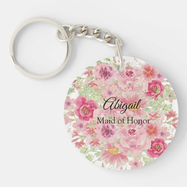 Pink Watercolor Roses  Maid of Honour   Key Ring (Front)