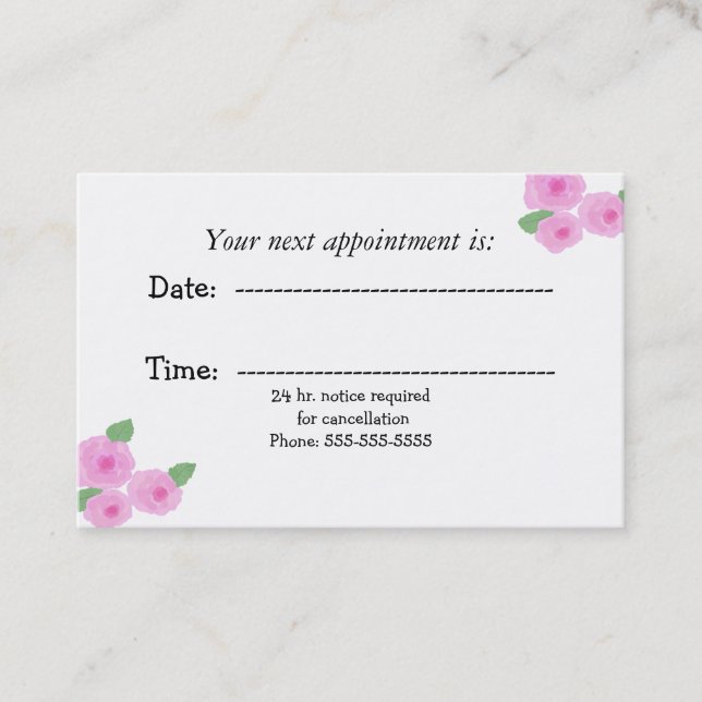 Pink Watercolor Roses Office Appointment Card (Front)