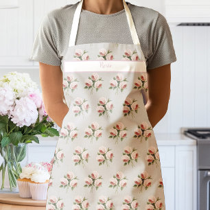 Pink Watercolor Roses on Beige Linen Apron