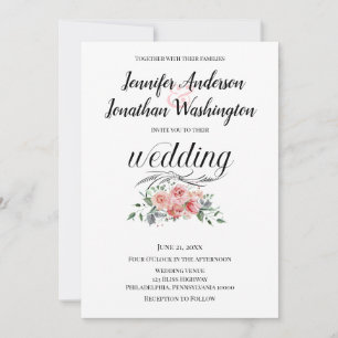 Pink Watercolor Roses on White Background Wedding Announcement