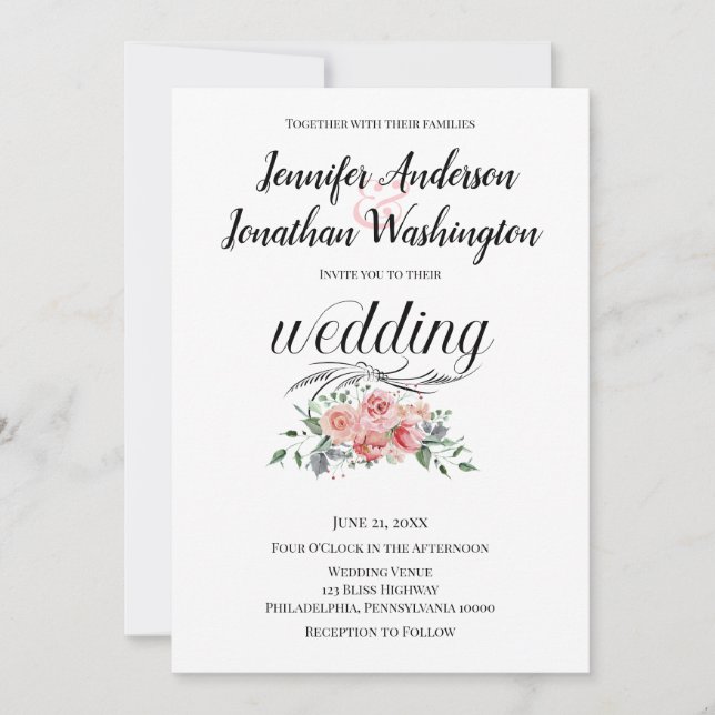 Pink Watercolor Roses on White Background Wedding Announcement (Front)
