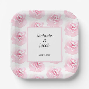 Pink Watercolor Roses Paper Plate