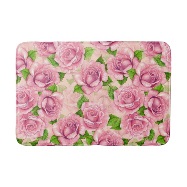 Pink watercolor roses pattern bath mat (Front)