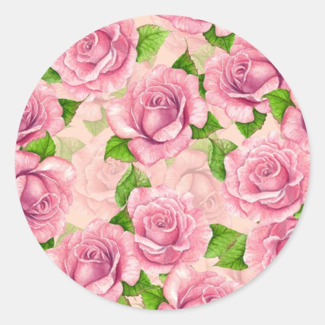 Pink watercolor roses pattern classic round sticker (Front)