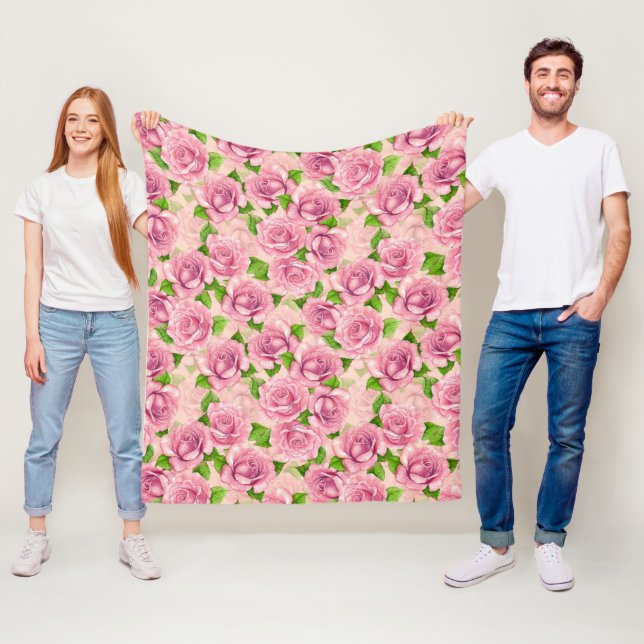 Pink watercolor roses pattern fleece blanket (In Situ)
