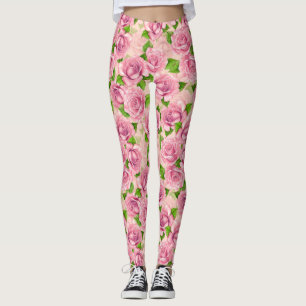 Pink watercolor roses pattern leggings