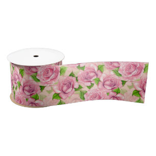 Pink watercolor roses pattern satin ribbon