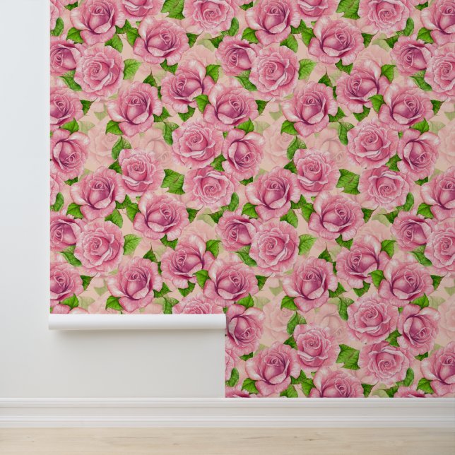 Pink watercolor roses pattern wallpaper (Application)