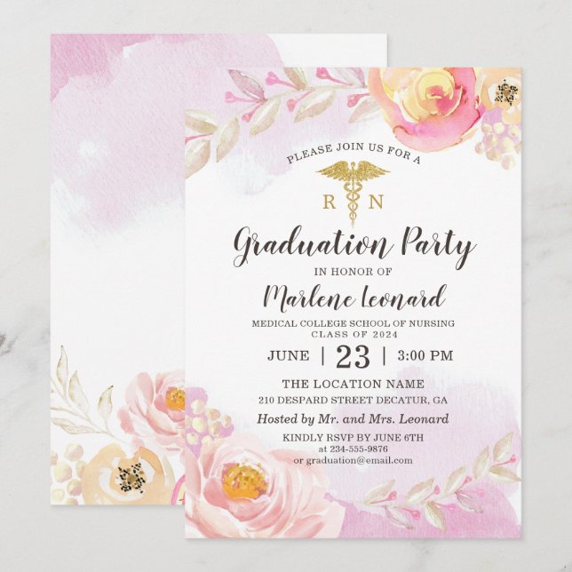 Pink Watercolor Roses RN Nurse Graduation Party Invitation (Front/Back)