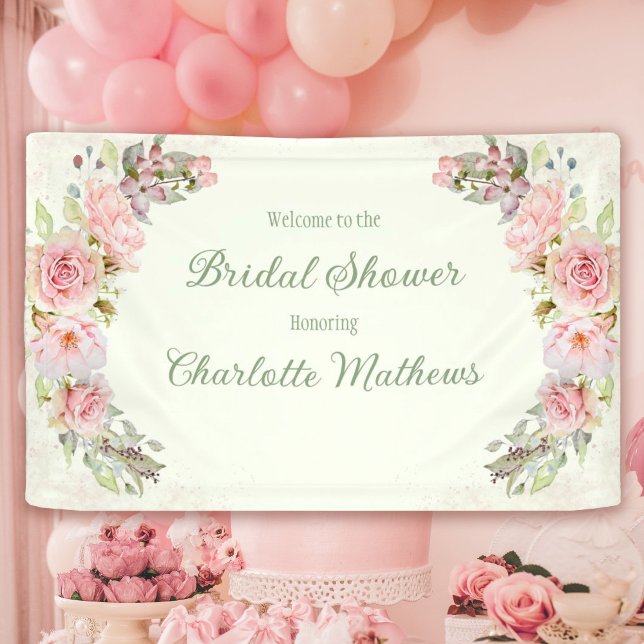 Pink Watercolor Roses Sage Green Bridal Shower  Banner (Pink Watercolor Roses Sage Green Bridal Shower Banner)
