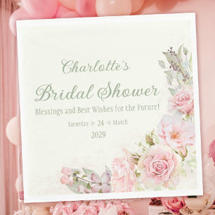 Pink Watercolor Roses Sage Green Bridal Shower Napkin