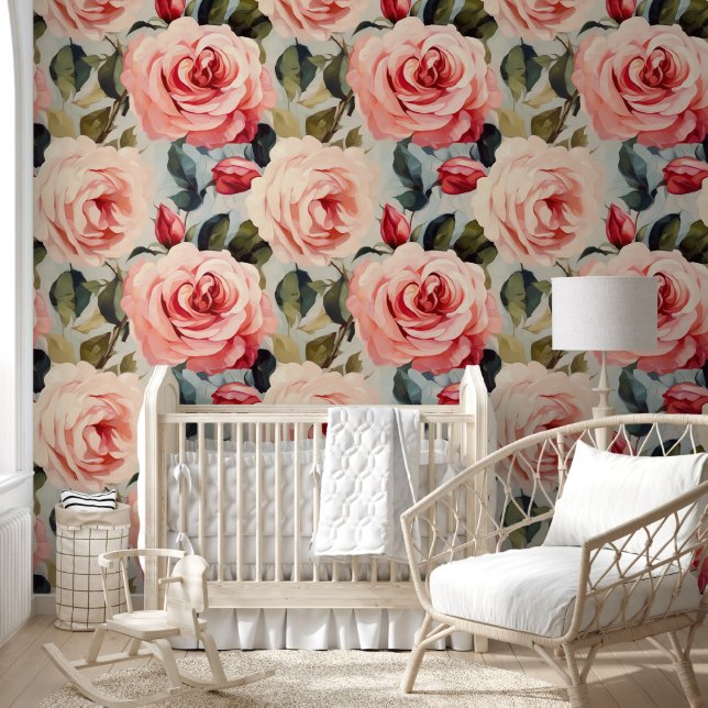 Pink Watercolor Roses Seamless Pattern Wallpaper (Kids)