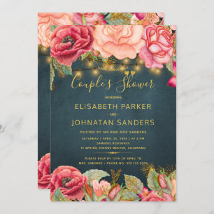 Pink watercolor roses vintage navy couples shower invitation