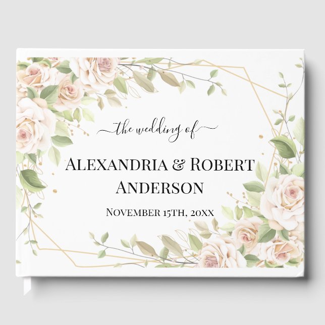 Pink Watercolor Roses Wedding Guest Book (Front)