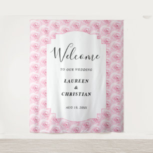 Pink Watercolor Roses Wedding Welcome Backdrop Tapestry