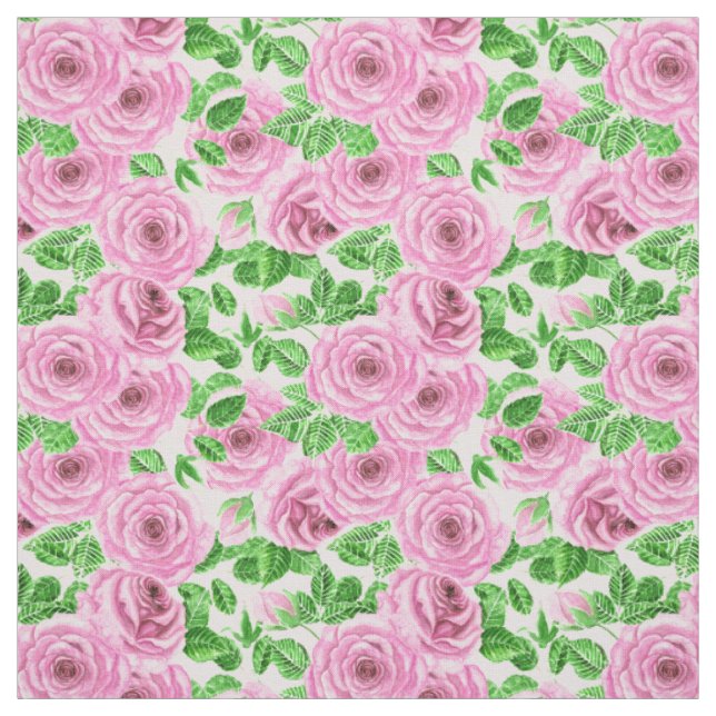 Pink watercolor roses with leaves and buds pattern fabric (Swatch)