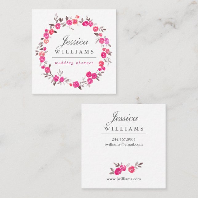 Pink Watercolor Roses Wreath Business Card (Front/Back)