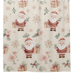 Pink Watercolor Santa Christmas with Snowflakes Shower Curtain