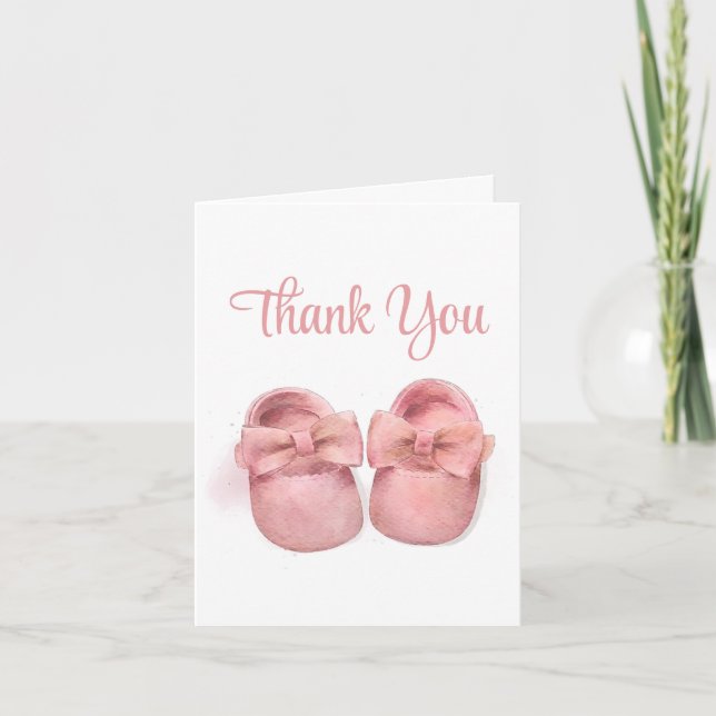 Pink Watercolor Shoes Baby Shower Thank You Card (Front)