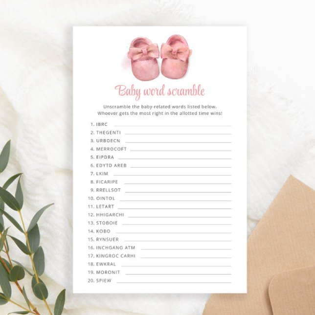 Pink Watercolor Shoes Baby Shower Word Scramble (Creator Uploaded)