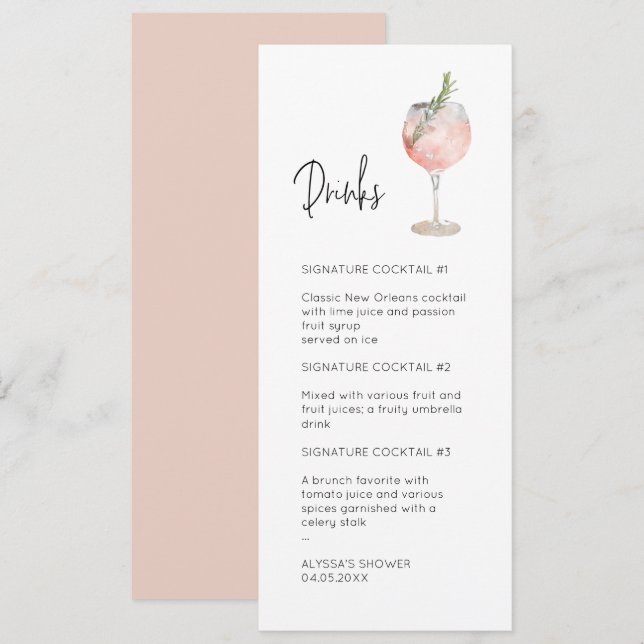 Pink Watercolor Signature Cocktail Menu Invitation (Front/Back)