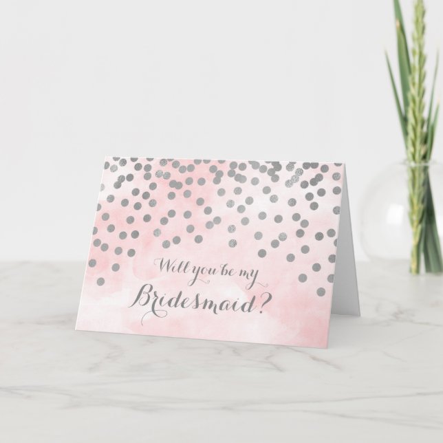 Pink Watercolor Silver Confetti Bridesmaid Invite (Front)