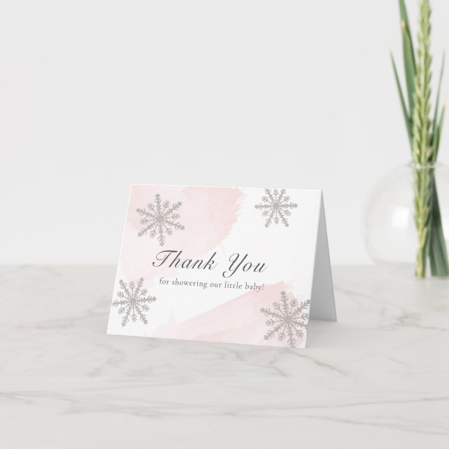 Pink Watercolor Silver Snowflakes Baby Shower Thank You Card (Front)