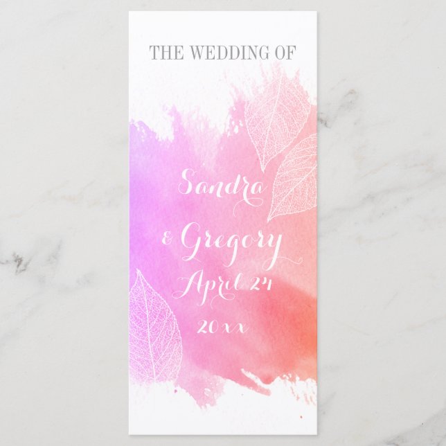 Pink watercolor & skeleton leaves wedding program programme (Front)