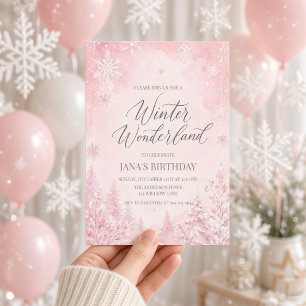 Pink Watercolor Snowflake Winter Wonderland Invitation