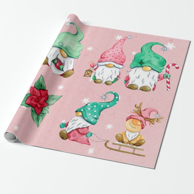 Pink Watercolor Snowy Winter Gnomes Wrapping Paper (Unrolled)