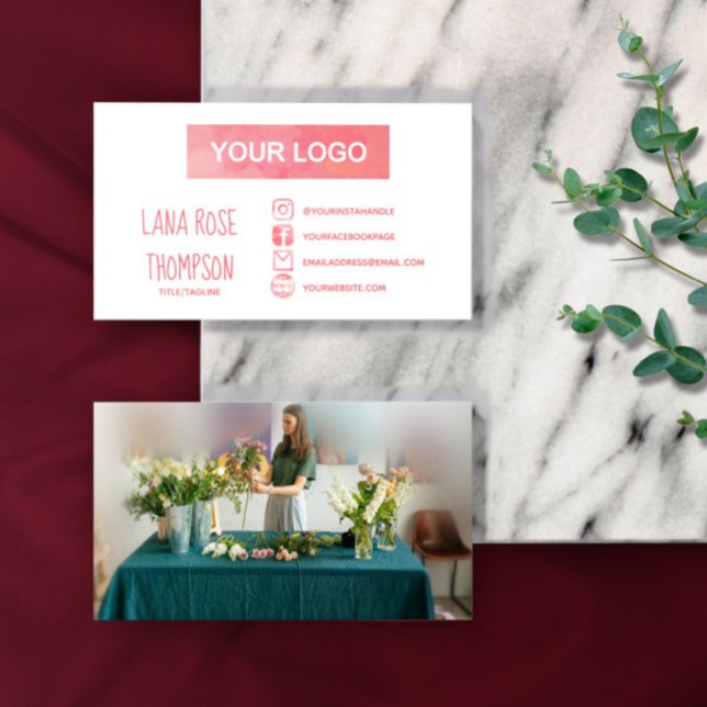 Pink Watercolor Social Media Logo & Photo Business Card (Creator Uploaded)