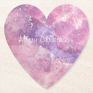 Pink Watercolor Sparkle Heart Christmas Paper Coaster