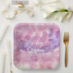 Pink Watercolor Sparkle Merry Christmas Square Paper Plate