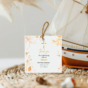 Pink watercolor splash first communion thank you favour tags