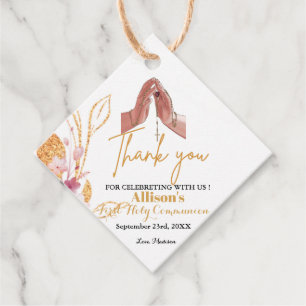 Pink watercolor splash first communion thank you favour tags