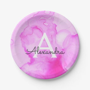 Pink Watercolor Splash Monogram Name and Initial Paper Plate