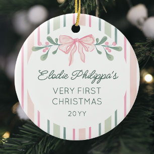 Pink Watercolor Sprigs Bow Baby's First Christmas Ceramic Tree Decoration
