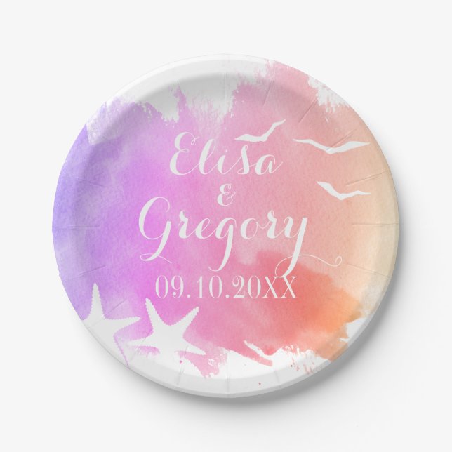 Pink watercolor, starfish beach summer wedding paper plate (Front)